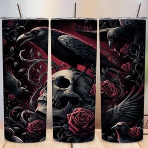 Crow Skull and Roses Tumbler Wrap, 20oz Skinny Tumbler Sublimation Design PNG, Digital Download, Dark Art PNG, Halloween Seamless Design