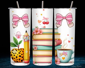 Teacher Coquette Wrap, 20 oz Skinny Tumbler Sublimation Design PNG, Instant Digital Download, Coquette School Tumbler Wrap, Teacher Gift