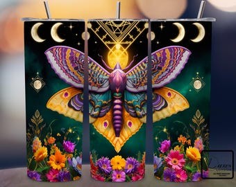 Gothic Moth Witchy Vibes Celestial Tumbler Wrap, 20 oz Skinny Tumbler Sublimation Design PNG, Wiccan Witch Tumbler, Digital Download PNG