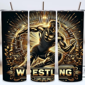 Gold and Black Wrestler Tumbler Wrap, 20oz Skinny Tumbler Sublimation Design PNG, Armature Wrestling Sport Design, Digital PNG Download