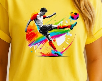 Diseño de sublimación PNG de jugador de fútbol colorido, arte digital deportivo de fútbol, acción de patada atlética, fondo transparente imprimible, descarga PNG