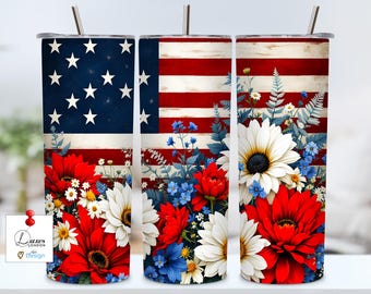 Diseño floral con la bandera estadounidense para vasos térmicos, diseño patriótico para sublimación en vasos delgados de 20 oz (descarga digital PNG)