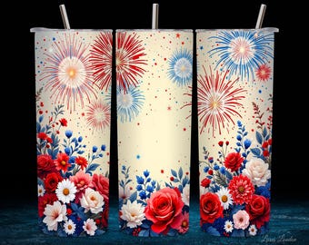 Envoltura de vaso patriótico del 4 de julio, diseño de sublimación PNG de vaso delgado de 20 oz, vaso floral, envoltura de diseño de flores, descarga PNG digital
