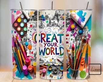 Painter Artist Tumbler Wrap, 20oz Skinny Tumbler Seamless Sublimation Design PNG, Crafting Art Create Your World Design DIY Digital Download