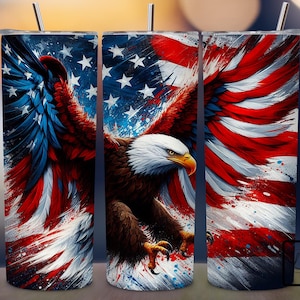 May include: A sublimation design featuring a bald eagle with its wings spread wide, flying over an American flag with red, white and blue paint splatters. The design is perfect for creating custom tumblers, mugs, or other personalised items.