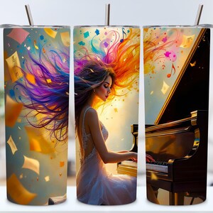 3D Pianist and Music Tumbler Wrap, 20 oz Skinny Tumbler Sublimation Design PNG, Piano Tumbler Template Design, Notes PNG Digital Download