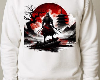 Koszulka z nadrukiem sublimacyjnym w formacie PNG z motywem samuraja | Japońska sztuka wojownika | Tradycyjna zbroja i miecz | Abstrakcyjna scena pagody | Unikalny nadruk na koszulce graficznej