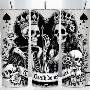 Até que a morte nos separe, cartões de rei e rainha, design de copo de 20 onças PNG, copo de casal, copo de esqueleto, download digital PNG