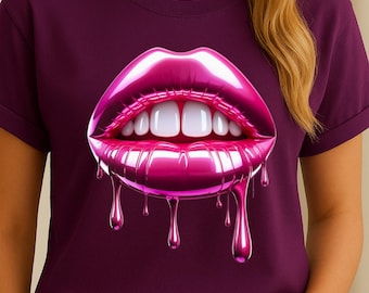 Glossy Hot Pink Lips PNG | Dripping Metallic Lip Sublimation Design | Shiny Lip Transparent PNG for T-Shirt, Mug, Sticker, Print Download