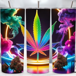 May include: Three stainless steel tumblers with colorful designs. The tumblers feature a rainbow marijuana leaf, pink and purple smoke, and a neon light design.