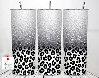 Zilver zwarte luipaard glitter beker wrap, faux glitter rand 20 oz beker sublimatie ontwerp png, cheetah beker wrap, digitale download