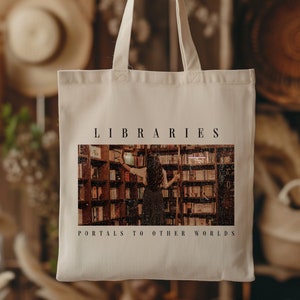 Libraries Tote Bag - Retro Trendy Book Lover Design - White, Beige, Red, Green - Book Dear Readers Magical Worlds Stories Bag