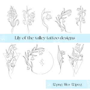 Diseños de tatuajes de lirio de los valles para mujeres, imágenes prediseñadas png de flores del mes de nacimiento de mayo, ideas de tatuajes florales para mamá, tatuaje de ramo de flores de nacimiento