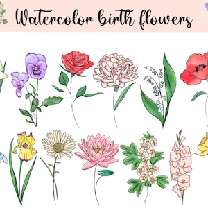 Aquarelle fleurs mois de naissance fleurs clipart, clipart floral, pivoines, roses, coquelicot, chrysanthème png, cadeau pour le bricolage de la fête des mères, fleurs png