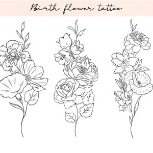 Benutzerdefinierte Geburtsblumen-Tattoo-Design, Geburtsblumenstrauß vertikales Linie Kunsttattoo, Blumentattoo-Design für Frauen, Familien-Geburtsblumen Kunst
