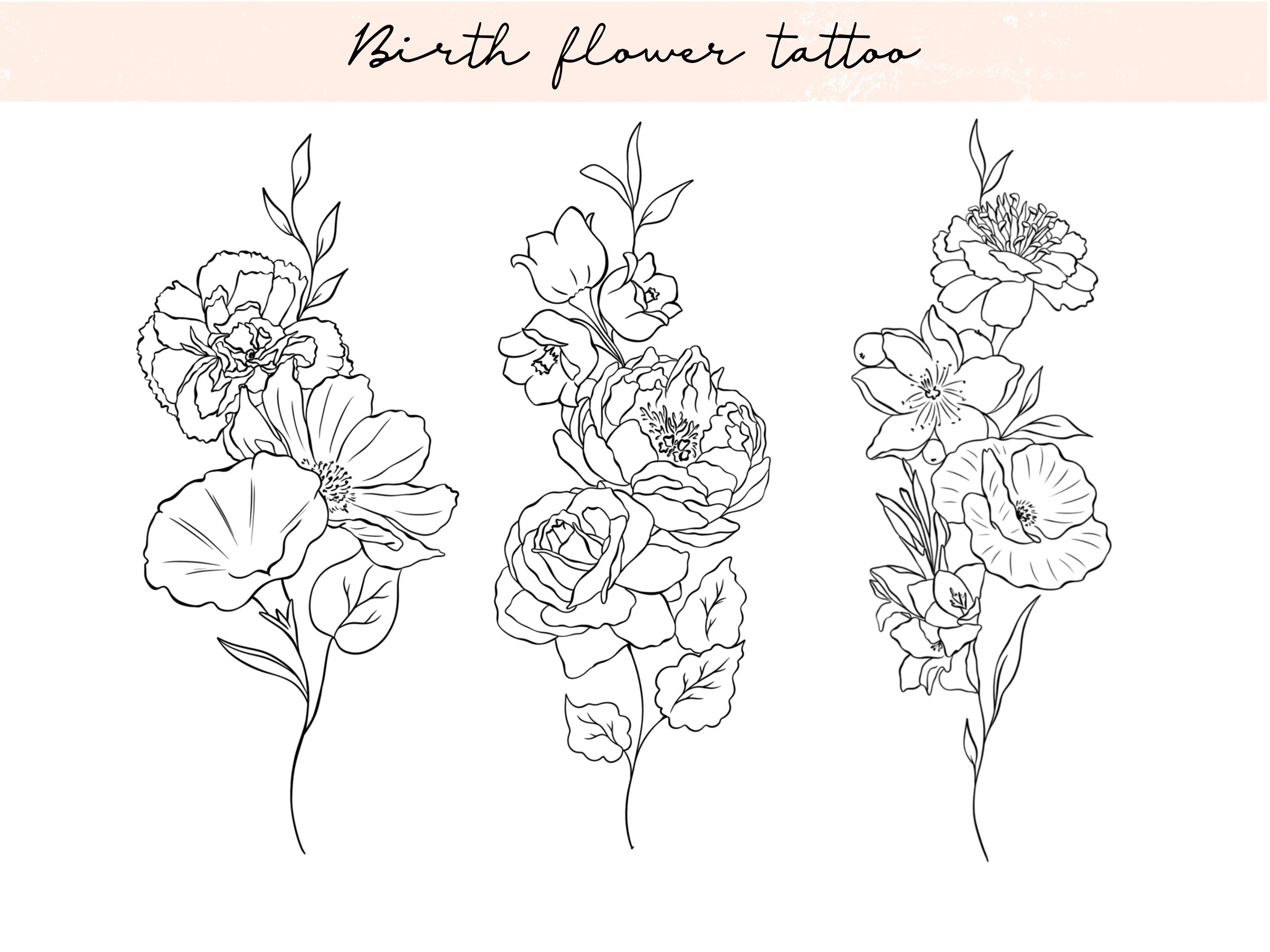 Custom birth flower tattoo design, birth flower bouquet vertical line art tattoo, floral tattoo design for women, family birth flowers art