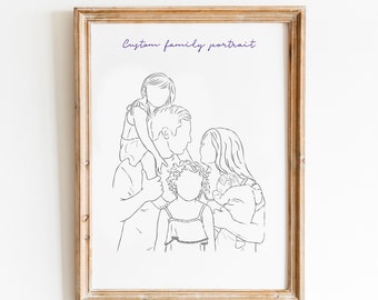 Custom family line art portrait from photo, personalised family drawing gift for mom, printable art for Mothers Day