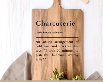 Può includere: Un tagliere di legno con la parola "Charcuterie" e la sua definizione stampata su di esso. La definizione recita: "[shahr koo tuh ree] - sostantivo Una disposizione artistica di affettati e cracker che dice: "Ho impiegato 30 minuti per preparare questo, ma lo distruggerai in 3."