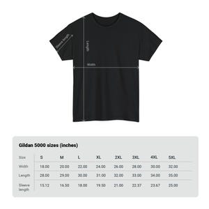 May include: Black t-shirt with measurements for width, length, and sleeve length. The Gildan 5000 sizes are listed in inches, ranging from S to 5XL. Width measurements range from 45.72 cm to 81.28 cm.