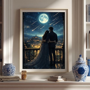 May include: A framed art print depicts a couple embracing on a balcony, gazing at a night sky filled with stars and shooting stars. A large, luminous moon shines above a cityscape with illuminated buildings. The artwork is framed in a light-colored wooden frame.