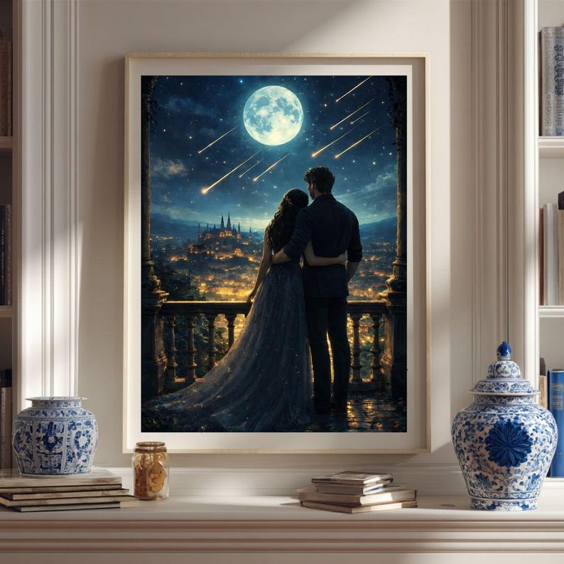 May include: A framed art print depicts a couple embracing on a balcony, gazing at a night sky filled with stars and shooting stars. A large, luminous moon shines above a cityscape with illuminated buildings. The artwork is framed in a light-colored wooden frame.