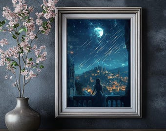 May include: A framed print of a nighttime cityscape with a woman standing on a balcony overlooking the city. The sky is filled with stars and shooting stars, and a large moon is visible in the upper right corner of the image.
