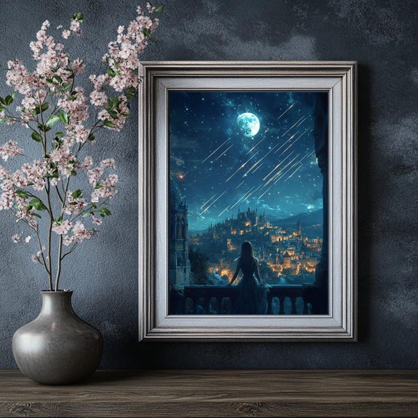 Stampa artistica della città delle stelle cadenti: poster del cielo notturno fantasy