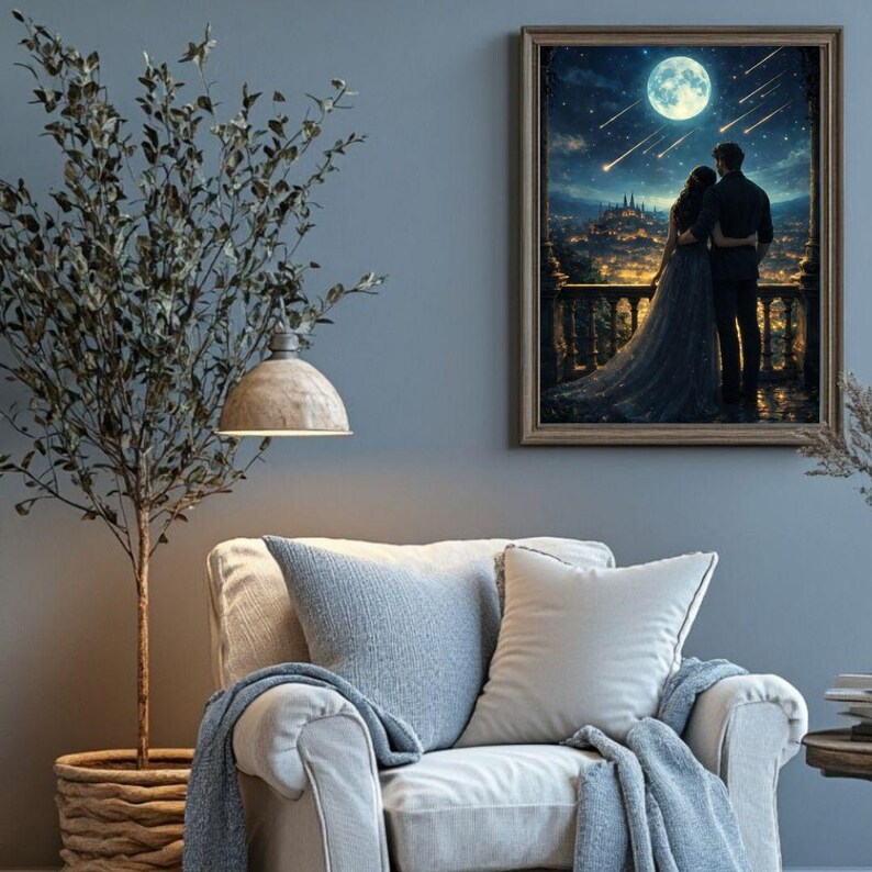 May include: A framed artwork depicts a couple gazing at a full moon over a city. The artwork is in a room with a light-colored armchair, blue pillows, and a blanket. A tree and a hanging lamp are also visible.