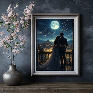 May include: A framed art print depicts a couple gazing at a starry night sky with a full moon and shooting stars over a city. The artwork is in a silver frame and is displayed on a dark wall next to a vase with pink flowers.