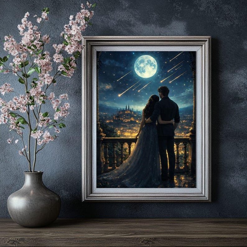 May include: A framed art print depicts a couple gazing at a starry night sky with a full moon and shooting stars over a city. The artwork is in a silver frame and is displayed on a dark wall next to a vase with pink flowers.