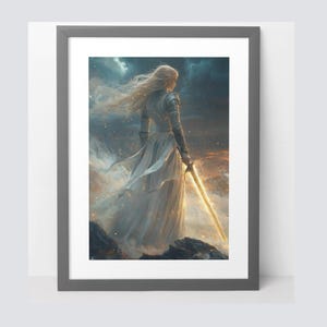 May include: A woman in a white gown stands with a sword in her hand, facing away from the viewer. The background is a blurry image of a beach with a sunset in the distance.