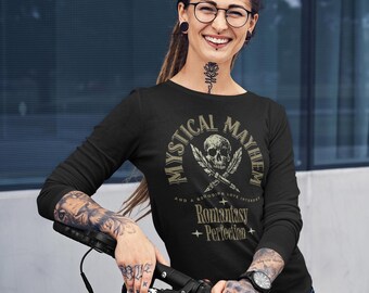 Mystical Mayhem Long Sleeve Tee: Gothic Romantasy Skull & Swords