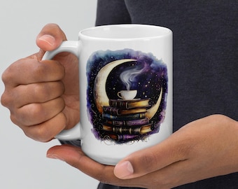 Starlit Books Mug – 15oz Fantasy Coffee Cup | Book Lover & Moonlit Night Mug | Perfect Gift for Book Nerds and Coffee Drinkers
