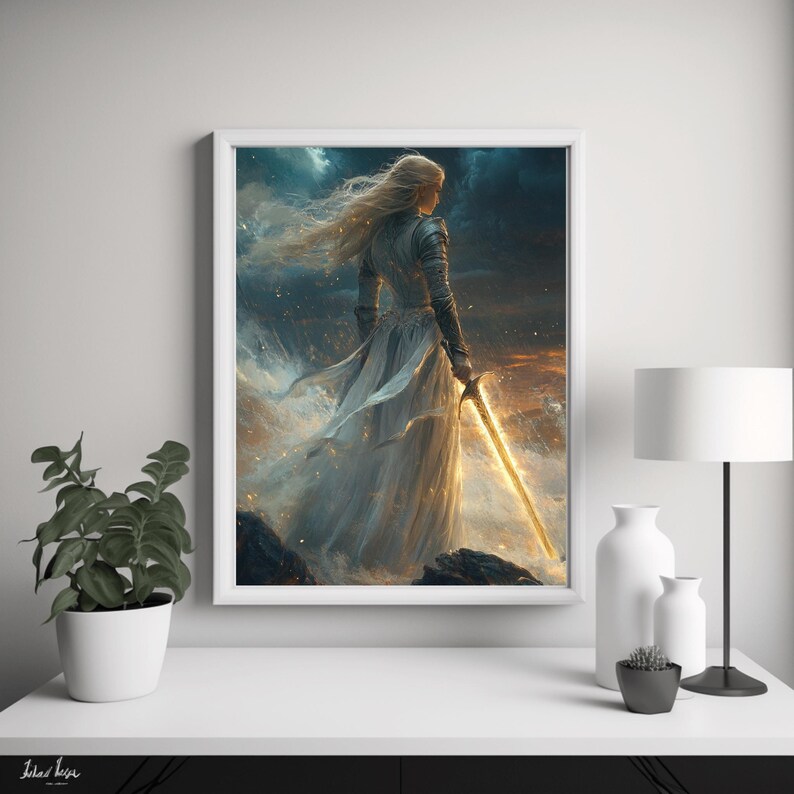 May include: A woman in a white dress and armor stands with a glowing sword in a dramatic seascape. The woman's hair is flowing in the wind, and the sky is filled with clouds. The sword is glowing brightly, and the water is churning around her feet.