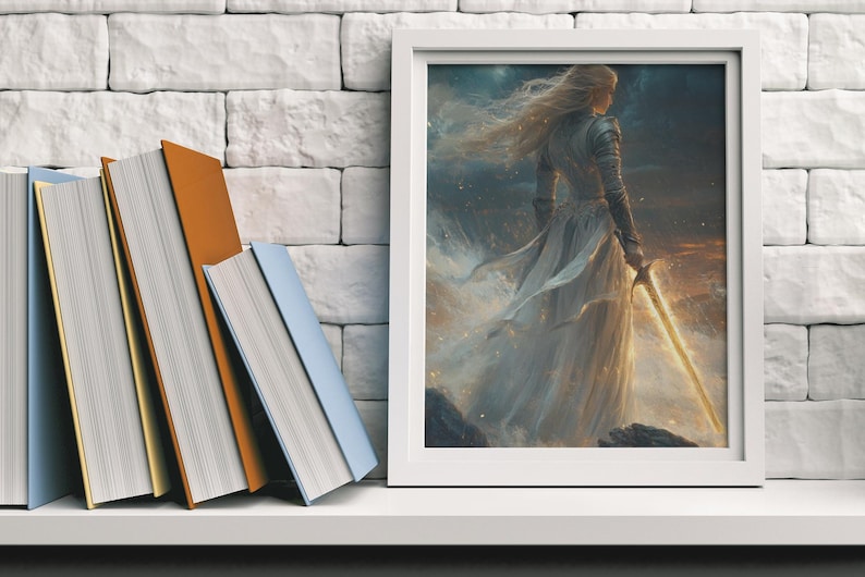 May include: A framed fantasy art print featuring a woman in a white gown holding a glowing sword. The woman has long blonde hair and is standing in a field with a starry sky in the background.