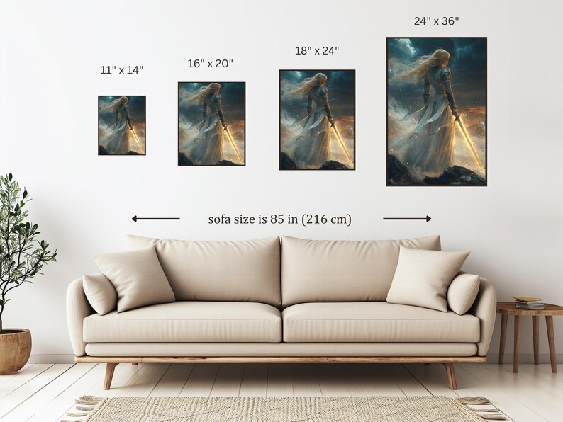 May include: A digital illustration of a woman in a white dress holding a sword, with a stormy sky in the background. The image is shown in different sizes, with a sofa in the foreground.