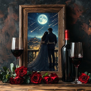 May include: A framed artwork depicts a couple gazing at a moonlit cityscape with shooting stars. A bottle of red wine, two wine glasses, and red roses are arranged on a wooden surface, creating a romantic scene.
