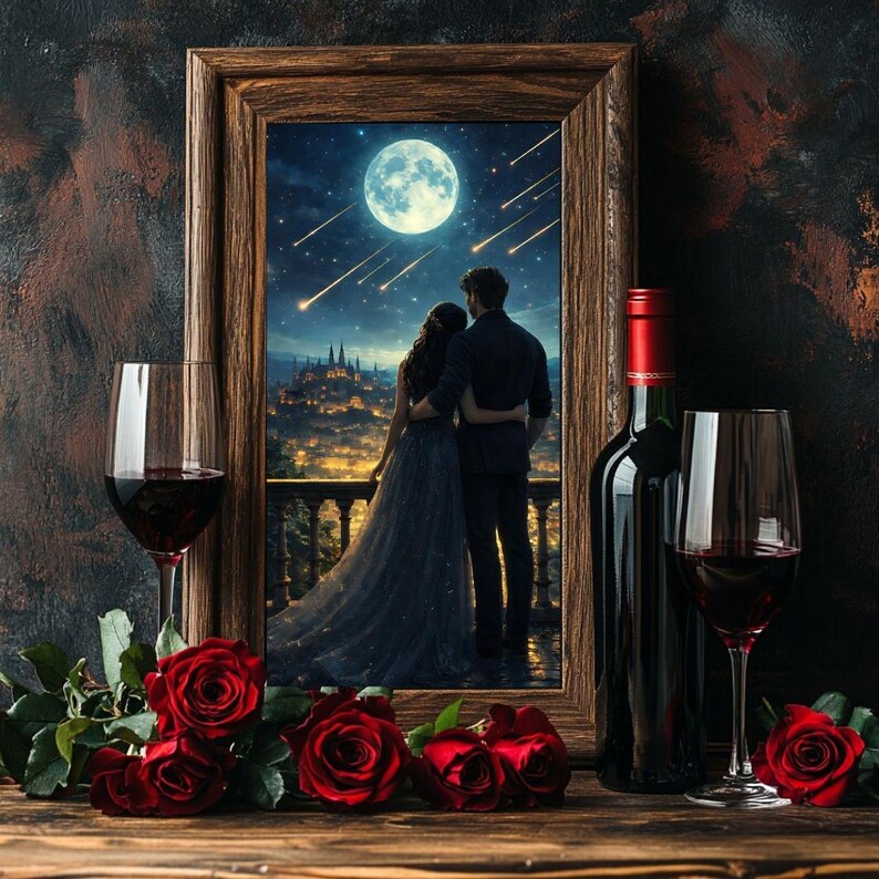 May include: A framed artwork depicts a couple gazing at a moonlit cityscape with shooting stars. A bottle of red wine, two wine glasses, and red roses are arranged on a wooden surface, creating a romantic scene.