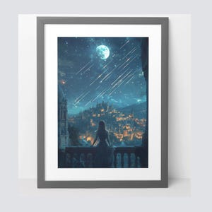Póster premium de fantasía de la ciudad de las estrellas fugaces: cielo nocturno mágico y linternas / Arte mural de fantasía caprichoso para amantes de los libros / Inspirado en ACOTAR