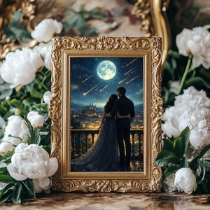 May include: A framed artwork depicts a couple embracing on a balcony, gazing at a cityscape under a full moon and shooting stars. The ornate gold frame surrounds the romantic scene, with white peonies in the foreground.