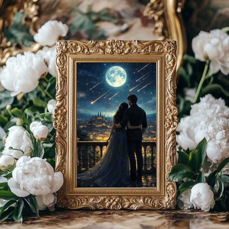 May include: A framed artwork depicts a couple embracing on a balcony, gazing at a cityscape under a full moon and shooting stars. The ornate gold frame surrounds the romantic scene, with white peonies in the foreground.