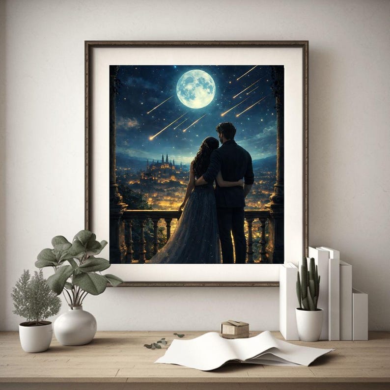May include: Framed art print depicting a couple gazing at a night sky filled with a full moon and shooting stars. The artwork showcases a cityscape with illuminated buildings. The frame is a dark brown color, and the print is displayed on a wooden surface.