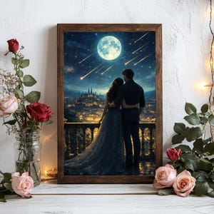 May include: A framed print depicts a couple embracing on a balcony, gazing at a city under a starry night sky with a full moon and shooting stars. The artwork is in a wooden frame, with roses and other flowers in the foreground.