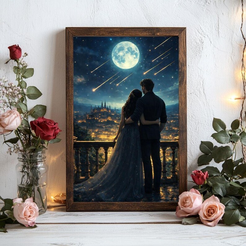 May include: A framed print depicts a couple embracing on a balcony, gazing at a city under a starry night sky with a full moon and shooting stars. The artwork is in a wooden frame, with roses and other flowers in the foreground.