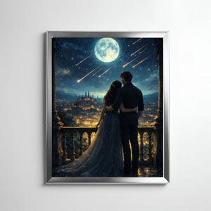 May include: A framed art print depicts a couple embracing on a balcony, gazing at a full moon and shooting stars over a city at night. The artwork features a silver frame and a romantic, celestial theme.
