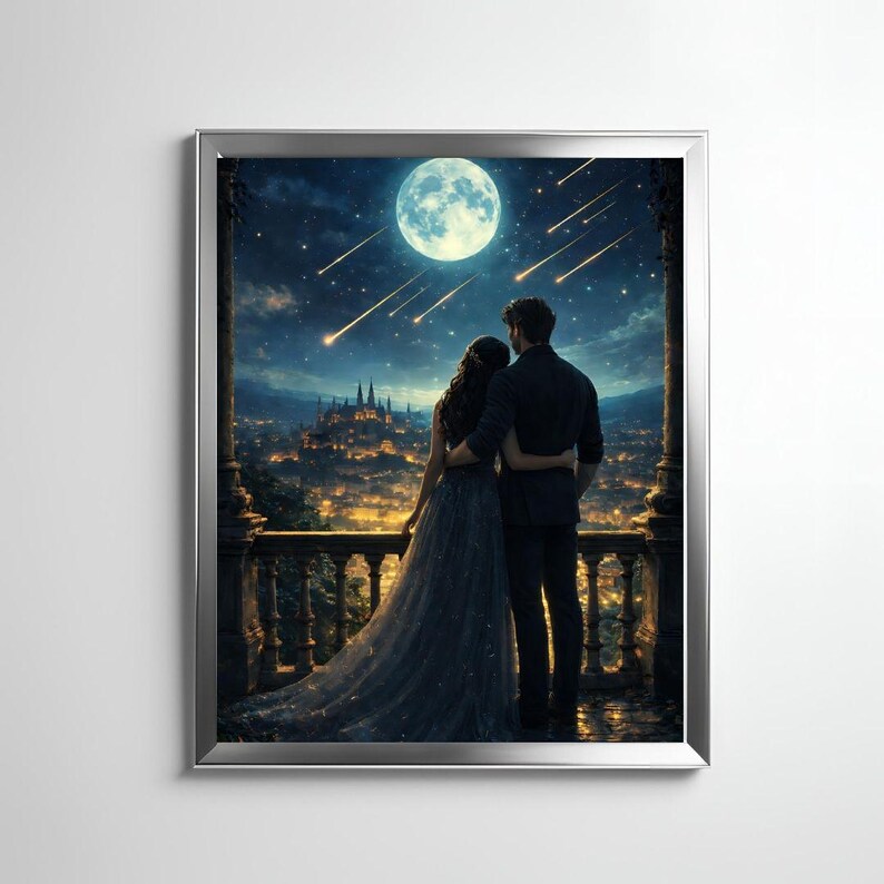 May include: A framed art print depicts a couple embracing on a balcony, gazing at a full moon and shooting stars over a city at night. The artwork features a silver frame and a romantic, celestial theme.