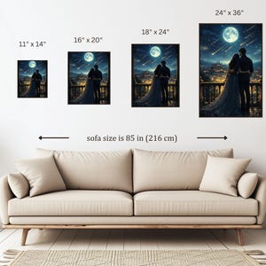 May include: Art prints of various sizes, including 11" x 14", 16" x 20", 18" x 24", and 24" x 36". Each print depicts a couple embracing on a balcony, overlooking a city under a starry sky with a large moon. The sofa size is 85 inches.