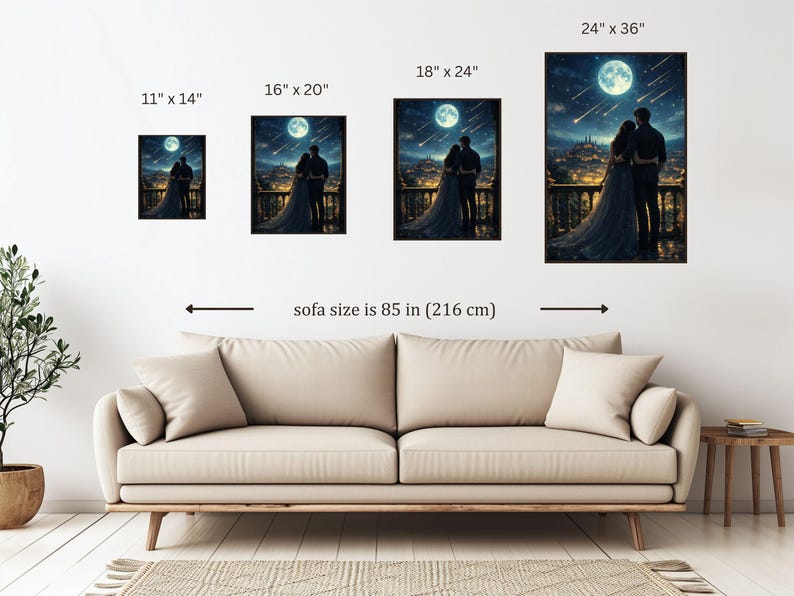 May include: Art prints of various sizes, including 11" x 14", 16" x 20", 18" x 24", and 24" x 36". Each print depicts a couple embracing on a balcony, overlooking a city under a starry sky with a large moon. The sofa size is 85 inches.