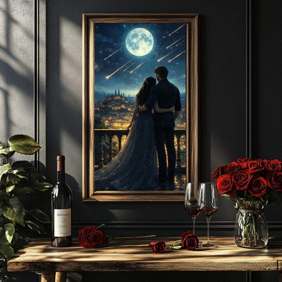 Romantasy Art Poster – Celestial Couple, Falling Stars Print