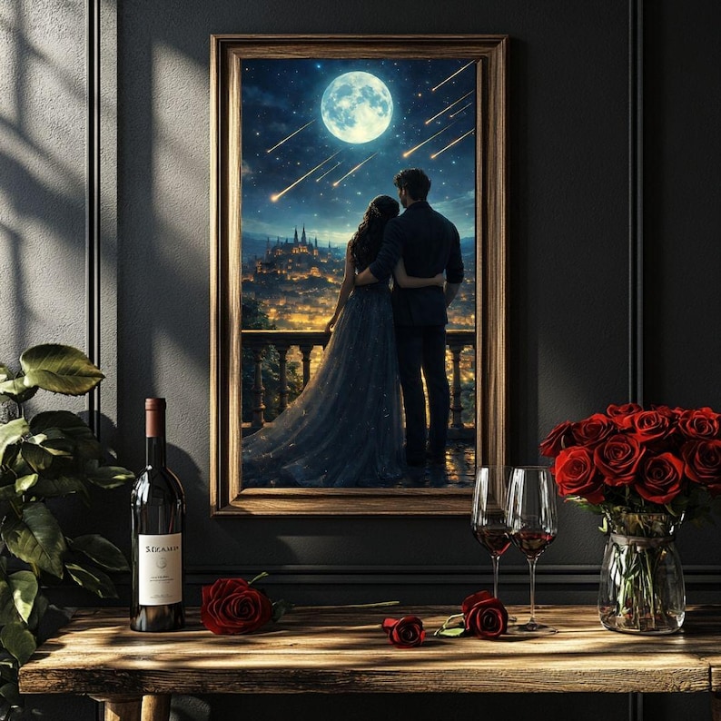 May include: A framed artwork depicts a couple gazing at a moonlit night sky with shooting stars over a city. A bottle of wine, two wine glasses, and a vase of red roses sit on a wooden table, with additional roses scattered around.
